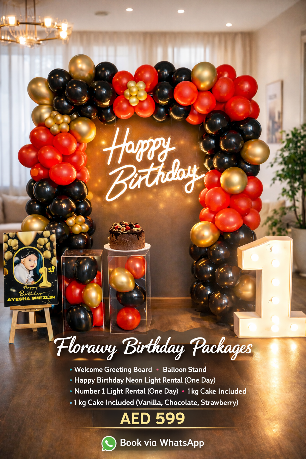 Florawy Birthday Party Decor Package – Neon Lights + Cake Included