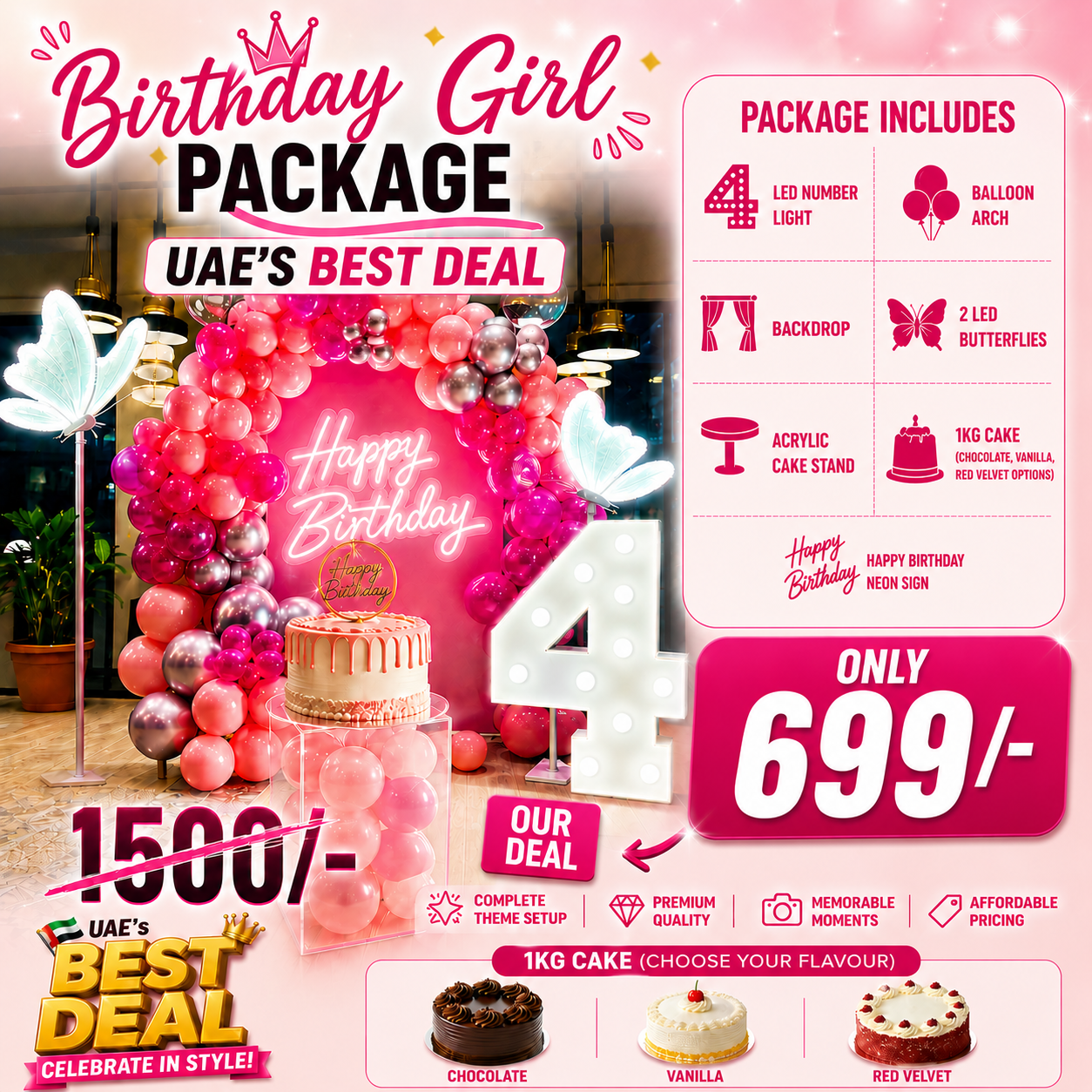 Florawy Birthday Party Decor Package – Neon Lights + Cake Included